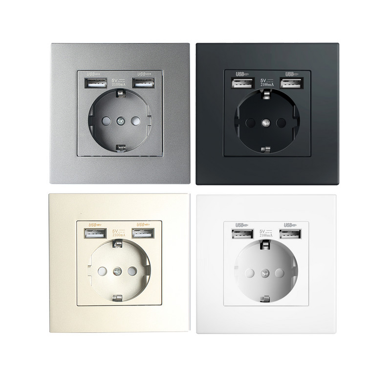 Depoguye Стенен тип Двоен USB захранващ контакт 2.1A, електрически контакт стенен щепсел с Usb, 16A 220V изход, немски ЕС стандартен контакт