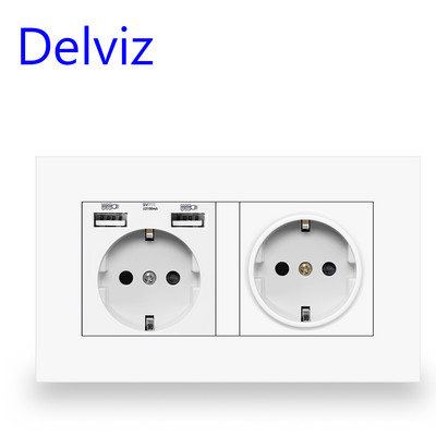 Delviz EU standartinis USB lizdas, dvigubas išvestis, 16A kokybiškas maitinimo skydelis kintamosios srovės 110 ~ 250 V 146 mm * 86 mm, dvigubo rėmo sieninis USB maitinimo lizdas