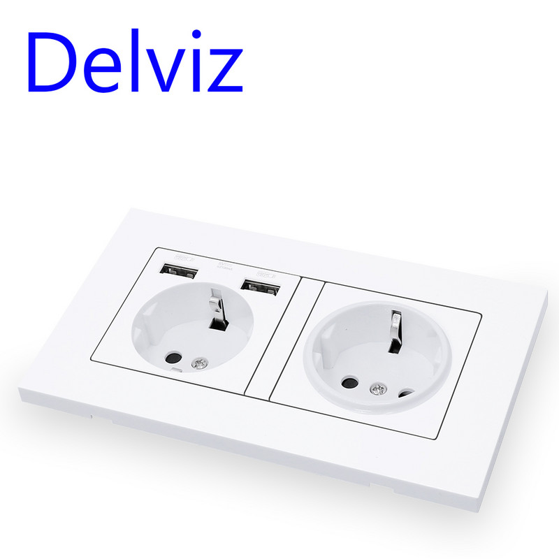 Delviz EU standartinis USB lizdas, dvigubas išvestis, 16A kokybiškas maitinimo skydelis kintamosios srovės 110 ~ 250 V 146 mm * 86 mm, dvigubo rėmo sieninis USB maitinimo lizdas
