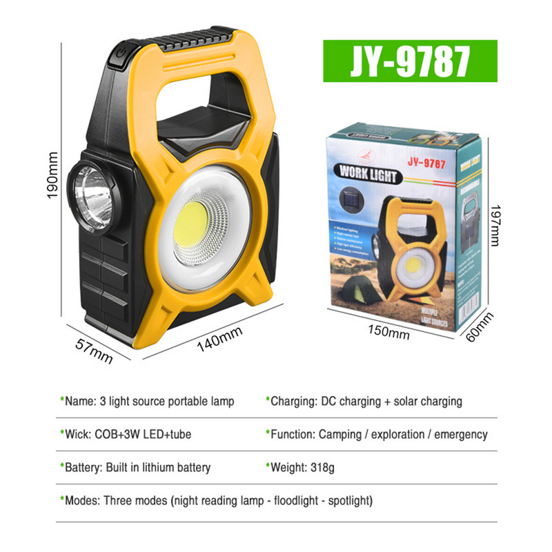 Prenosná ručná baterka COB Searchlight, vodotesná, IPX4, na kempovanie, turistiku, dobrodružstvo, solárne nabíjanie cez USB, DC