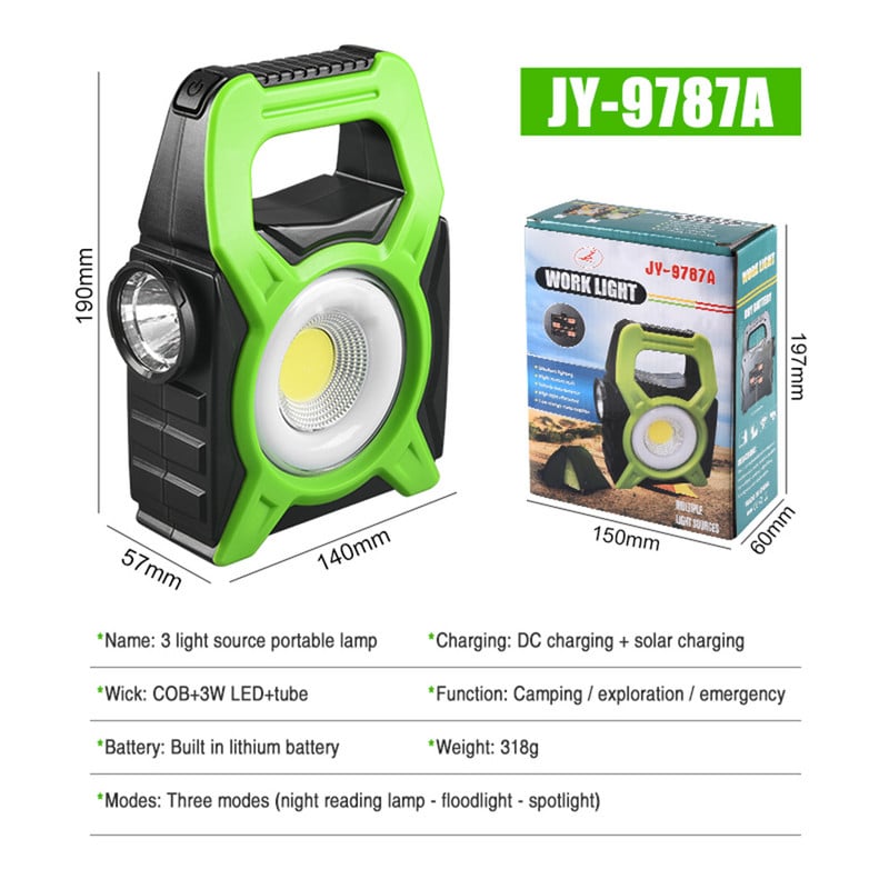 Prenosná ručná baterka COB Searchlight, vodotesná, IPX4, na kempovanie, turistiku, dobrodružstvo, solárne nabíjanie cez USB, DC