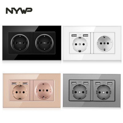 NYWP falra szerelhető üvegpanel 16A konnektor, EU szabvány több csatlakozós, 2 USB töltőporttal, rejtett LED jelzővel