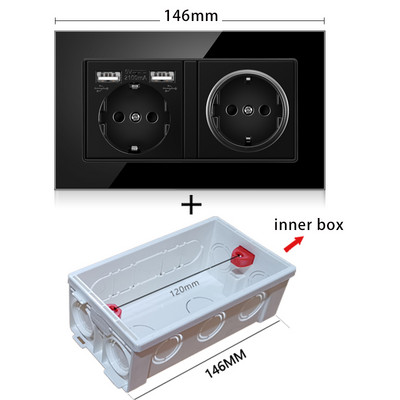 NYWP seinale kinnitatav klaaspaneel 16A pistikupesa, EL-standardi multipistik, 2 USB laadimispesaga, peidetud LED indikaator