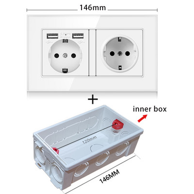 NYWP seinale kinnitatav klaaspaneel 16A pistikupesa, EL-standardi multipistik, 2 USB laadimispesaga, peidetud LED indikaator