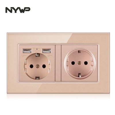NYWP seinale kinnitatav klaaspaneel 16A pistikupesa, EL-standardi multipistik, 2 USB laadimispesaga, peidetud LED indikaator
