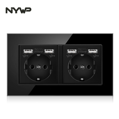 NYWP seinale kinnitatav klaaspaneel 16A pistikupesa, EL-standardi multipistik, 2 USB laadimispesaga, peidetud LED indikaator