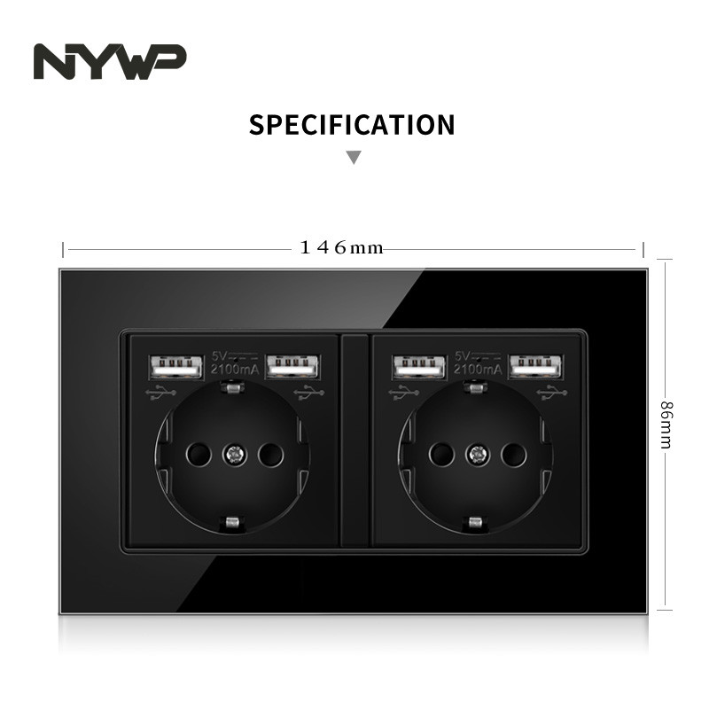 NYWP seinale kinnitatav klaaspaneel 16A pistikupesa, EL-standardi multipistik, 2 USB laadimispesaga, peidetud LED indikaator