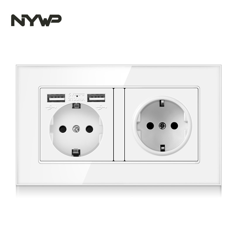 NYWP seinale kinnitatav klaaspaneel 16A pistikupesa, EL-standardi multipistik, 2 USB laadimispesaga, peidetud LED indikaator