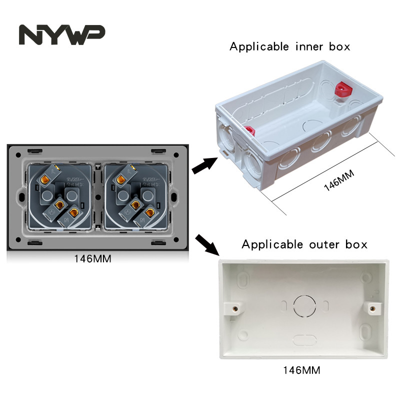 NYWP seinale kinnitatav klaaspaneel 16A pistikupesa, EL-standardi multipistik, 2 USB laadimispesaga, peidetud LED indikaator
