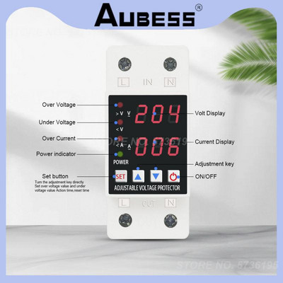 Adjustable Current And Under Voltage 63a Din Rail Dual Display Over Voltage 230v Protector Smart Home Protective Device