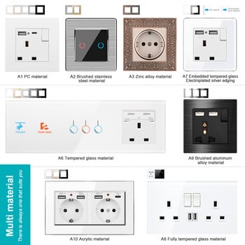 SRAN EU Πρίζα ρεύματος με φόρτιση usb για το σπίτι, Type-c βύσμα Usb 5V 2A Πάνελ υπολογιστή 86*86mm Πρίζα τοίχου Usb LED ON/OFF 16A Πρίζα