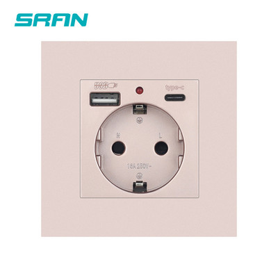 Priză SRAN EU cu încărcare USB pentru casă, mufă USB tip c 5V 2A Panou PC 86*86mm Priză USB de perete LED ON/OFF 16A Priză