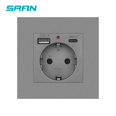 Priză SRAN EU cu încărcare USB pentru casă, mufă USB tip c 5V 2A Panou PC 86*86mm Priză USB de perete LED ON/OFF 16A Priză