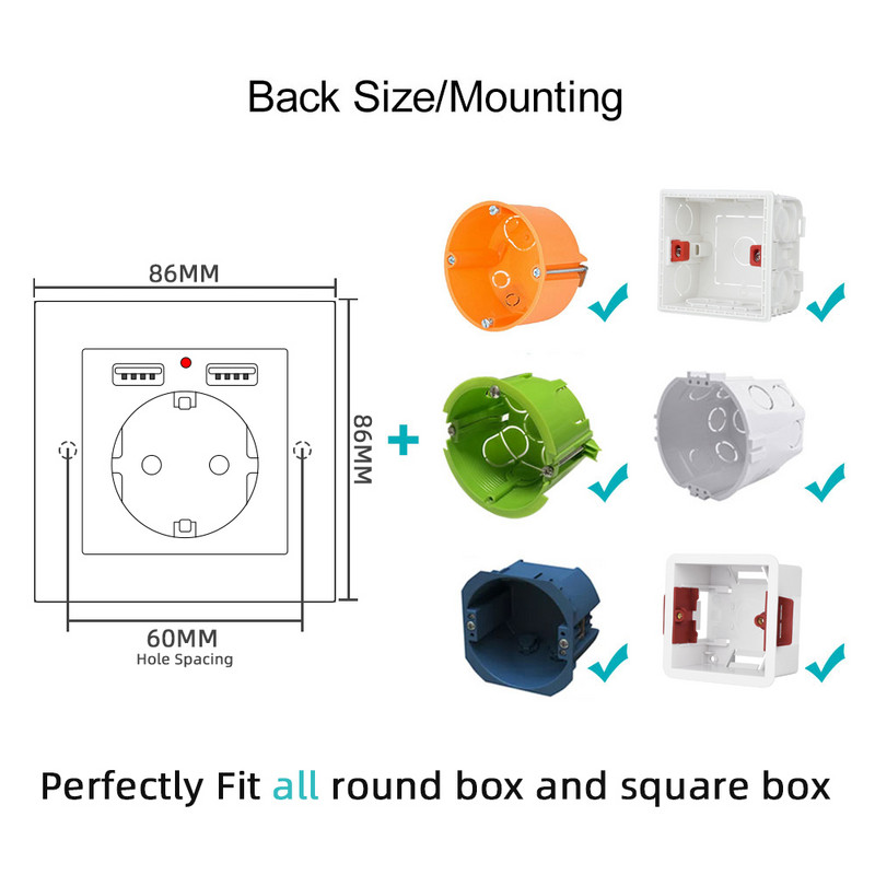 Priză SRAN EU cu încărcare USB pentru casă, mufă USB tip c 5V 2A Panou PC 86*86mm Priză USB de perete LED ON/OFF 16A Priză