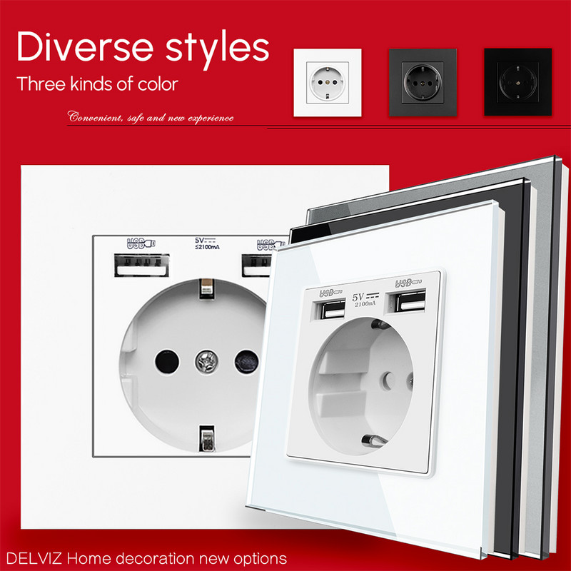 Delviz fali USB tápcsatlakozó, sok új stílusú panel, hálószoba csatlakozó, AC 110V-250V 16A fali beágyazott, dupla usb EU szabvány kimenet