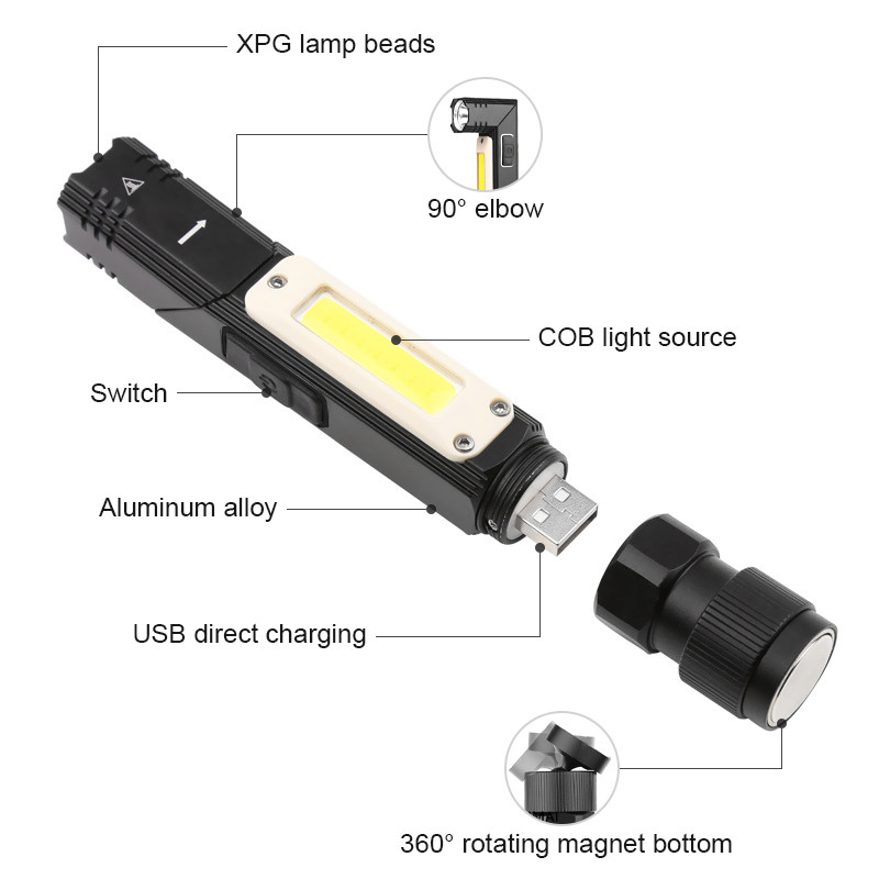 1500 mAh nešiojamas LED + COB žibintuvėlis su įkraunamu USB magnetu Geriausiai tinka žvejybai, stovyklavimo darbo šviesa, galingas žibintuvėlis