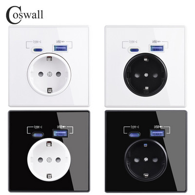 Coswall Type-C Interface Outlet Full Mirror Acrylic Panel Black White Wall ЕС Русия Френски стандартен контакт с USB порт за зареждане