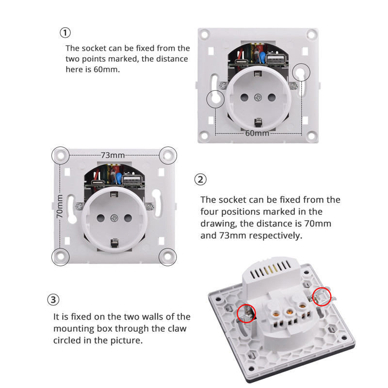 Coswalli C-tüüpi liidese väljund Täispeegel Akrüülpaneel Must Valge sein EU Venemaa Prantsuse standardne pistikupesa koos USB-laadimispordiga