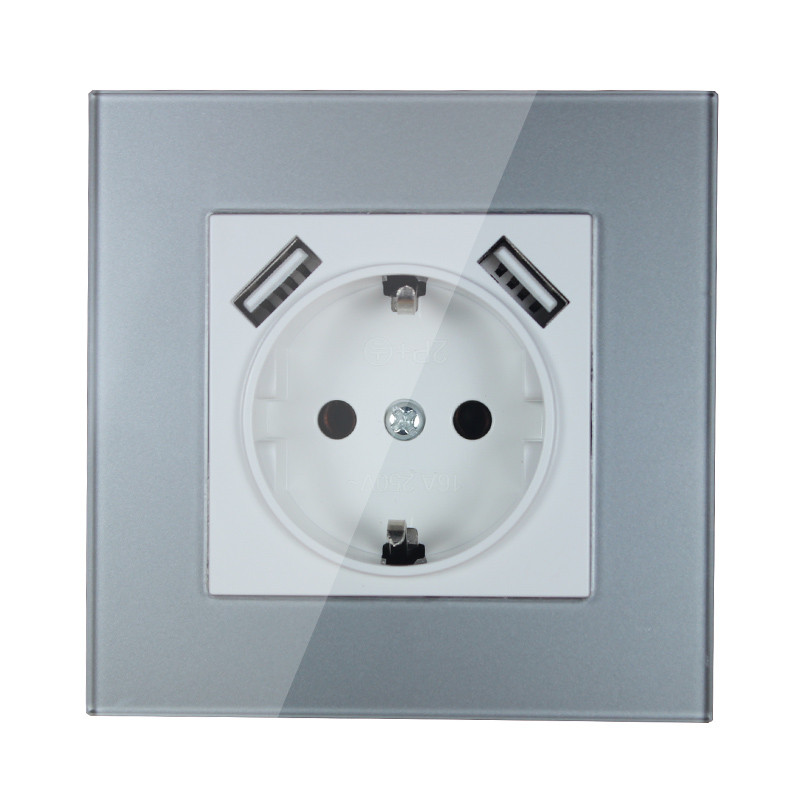 Стенен USB контакт Изход 5V2A Eu Стандартен електрически контакт с двоен домашен USB щепсел Зарядно устройство Захранващ контакт Акрил Сиво Бял YB7