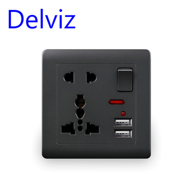 Delviz EU Standard Socket Usb, Grey Embedded Panel, 2.1A Dual USB Port, AC 110-250V, UK Wall Power Socket Universal 5 Hole Outlet