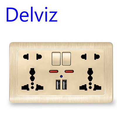 Delviz EU szabványos USB-aljzat, szürke beágyazott panel, 2.1A kettős USB-port, AC 110-250V, UK fali konnektor, Univerzális 5 lyukú aljzat
