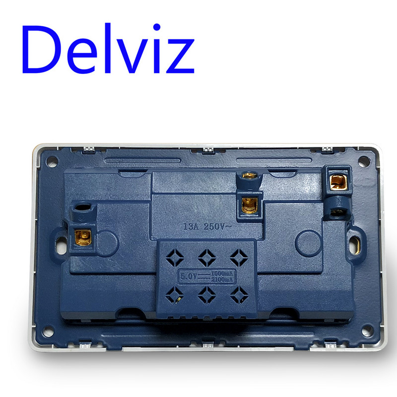 Delviz EU szabványos USB-aljzat, szürke beágyazott panel, 2.1A kettős USB-port, AC 110-250V, UK fali konnektor, Univerzális 5 lyukú aljzat