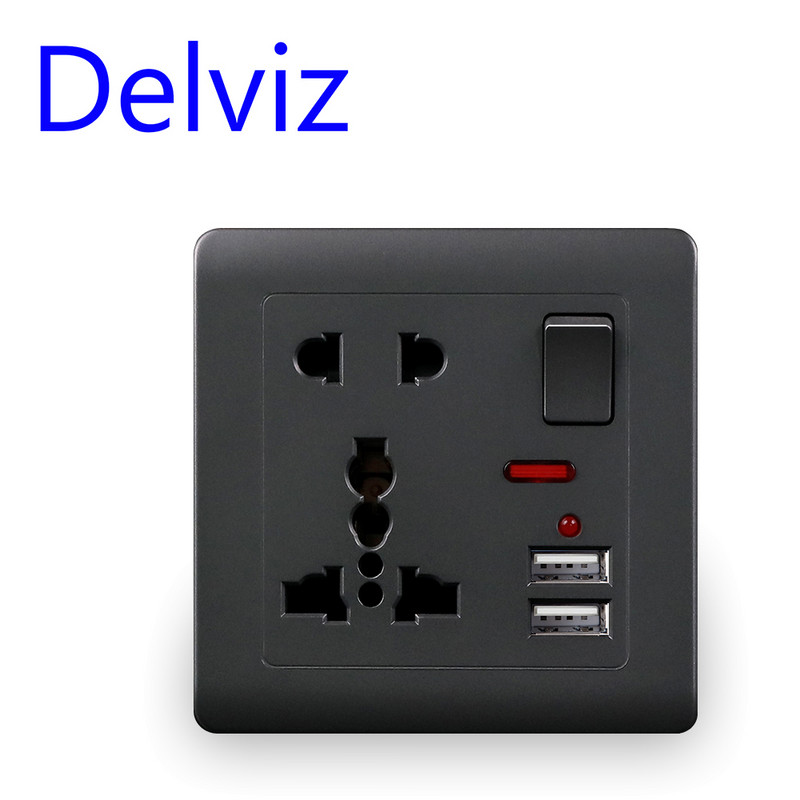 Delviz EU szabványos USB-aljzat, szürke beágyazott panel, 2.1A kettős USB-port, AC 110-250V, UK fali konnektor, Univerzális 5 lyukú aljzat