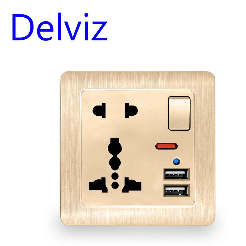 Delviz EU szabványos USB-aljzat, szürke beágyazott panel, 2.1A kettős USB-port, AC 110-250V, UK fali konnektor, Univerzális 5 lyukú aljzat