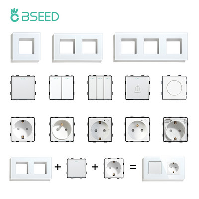 BSEED 1/2/3Gang 1/2 utas mechanikus gombos kapcsoló alkatrész Fali aljzat Kimenet Funkciókulcs barkács üvegkeret rész szabad kombináció fehér