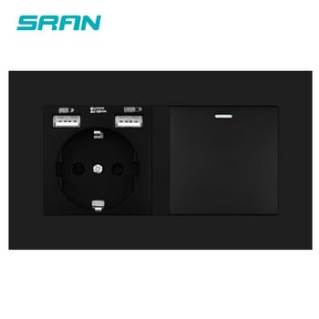 SRAN EU Socket With Rocker Switch,220v 16A Wall Power Socket With Usb 146*86 PC Panel with Light Switch 1gang 1/2way Outlet