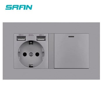 SRAN EU Socket With Rocker Switch,220v 16A Wall Power Socket With Usb 146*86 PC Panel with Light Switch 1gang 1/2way Outlet