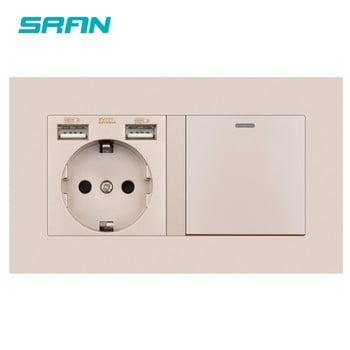 SRAN EU Socket With Rocker Switch,220v 16A Wall Power Socket With Usb 146*86 PC Panel with Light Switch 1gang 1/2way Outlet