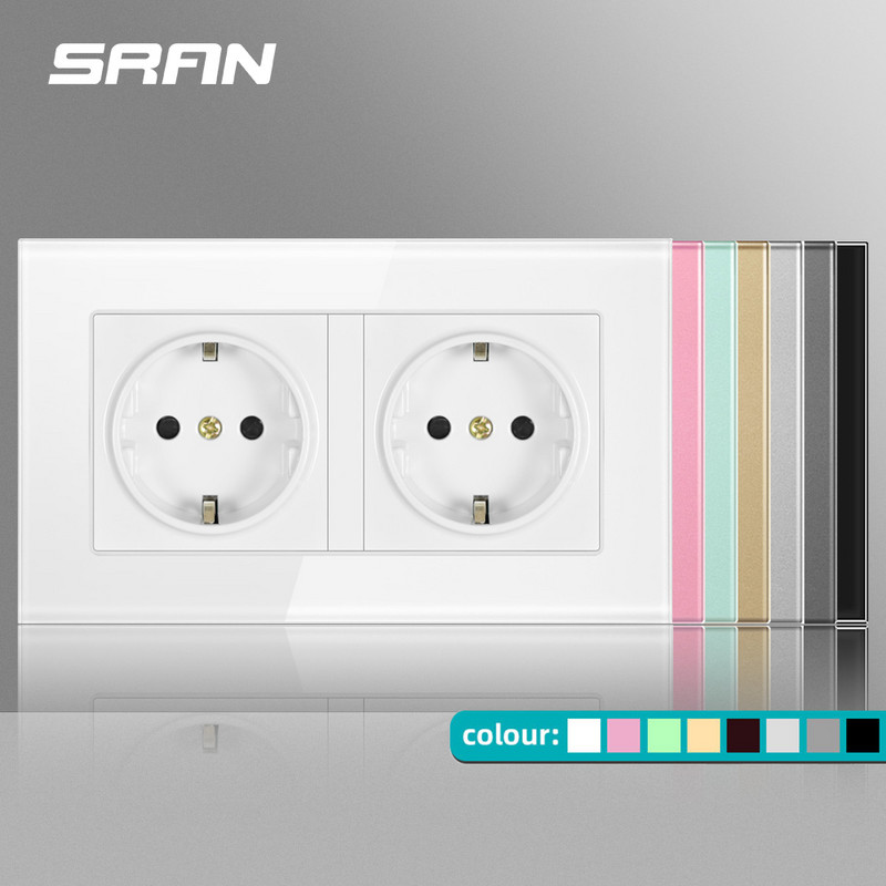 SRAN Nástenný krištáľový sklenený panel 146*86 Viaccestná zástrčka uzemnená 16A Štandardná elektrická zásuvka Dvojitá zásuvková lišta