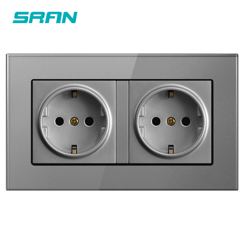 SRAN Nástenný krištáľový sklenený panel 146*86 Viaccestná zástrčka uzemnená 16A Štandardná elektrická zásuvka Dvojitá zásuvková lišta