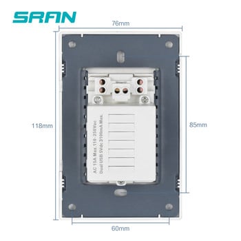 SRAN US Стандартен двоен USB щепсел, двоен 2.1A контакт с Usb c, бял/черен/златен PC огнеустойчив панел 118mm*76mm