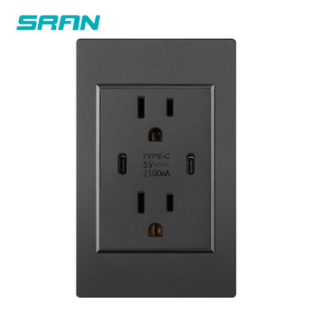 SRAN US Standard Dual Usb Wall Plug Socket, Διπλή υποδοχή 2.1A με USB c, Λευκό/Μαύρο/Χρυσό Πάνελ επιβραδυντικού φλόγας PC 118mm*76mm