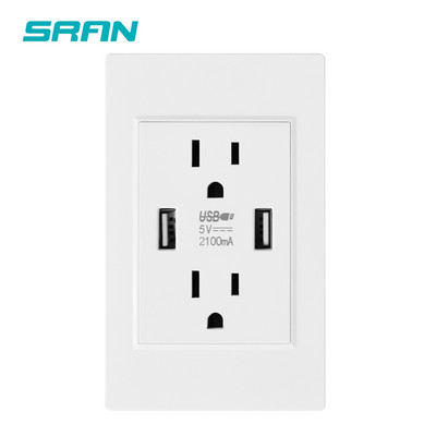 SRAN US štandardná duálna USB zásuvka, dvojitá 2,1A zásuvka s USB káblom, biela/čierna/zlatá PC panel spomaľujúci horenie 118 mm * 76 mm