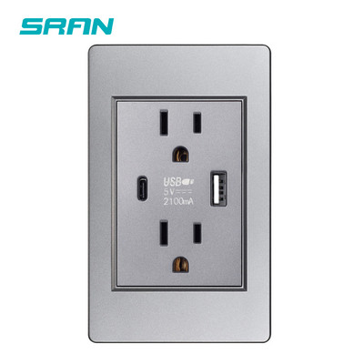SRAN US štandardná duálna USB zásuvka, dvojitá 2,1A zásuvka s USB káblom, biela/čierna/zlatá PC panel spomaľujúci horenie 118 mm * 76 mm