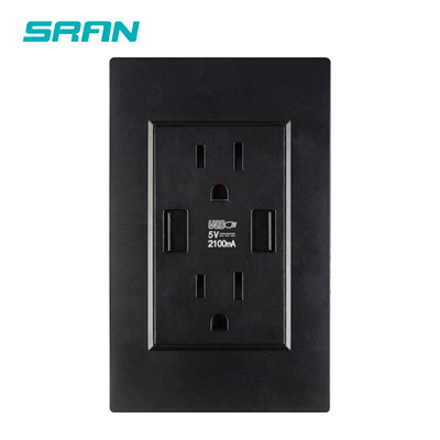 SRAN US štandardná duálna USB zásuvka, dvojitá 2,1A zásuvka s USB káblom, biela/čierna/zlatá PC panel spomaľujúci horenie 118 mm * 76 mm