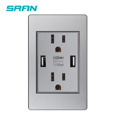 SRAN US štandardná duálna USB zásuvka, dvojitá 2,1A zásuvka s USB káblom, biela/čierna/zlatá PC panel spomaľujúci horenie 118 mm * 76 mm