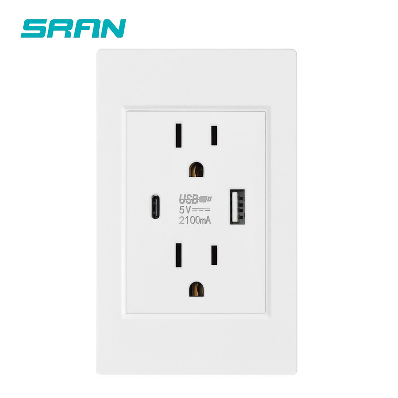 SRAN US štandardná duálna USB zásuvka, dvojitá 2,1A zásuvka s USB káblom, biela/čierna/zlatá PC panel spomaľujúci horenie 118 mm * 76 mm