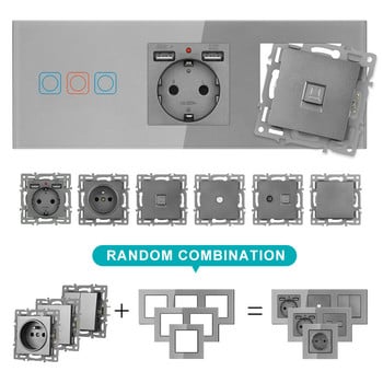 SRAN F6 Series Grey Glass Panel Διακόπτης φωτός ΕΕ Γαλλικές ηλεκτρικές πρίζες Υποδοχή USB Τηλεόραση RJ45 Touch Module DIY