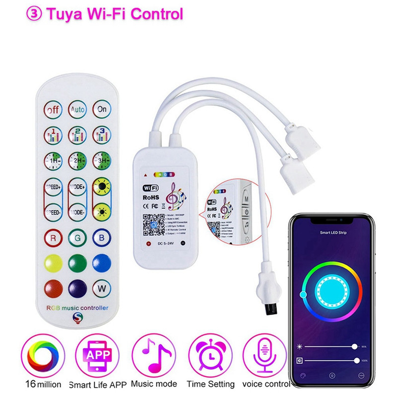 2x Tuya Wifi RGB ovládač pre LED pásiky 3528 2835 5050 RGB ovládač s 24-klávesovým diaľkovým ovládaním