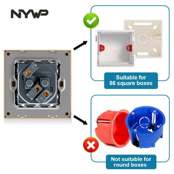 Nywp стенен кристален стъклен панел захранващ щепсел е заземен, 16a европейски стандартен електрически контакт 86 мм * 86 мм