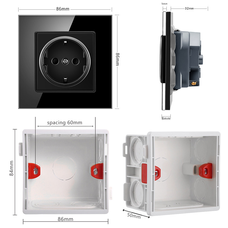 Nywp seinakristallklaasist paneeli pistikupesa pistik on maandatud, 16a Euroopa standardi pistikupesa 86mm * 86mm
