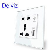Delviz Type-C interfeisa ligzda, universāla starptautiskā, kristāla stikla panelis, sienas barošanas USB kontaktligzda, 18 W 4000 mA viedā ātrā uzlāde