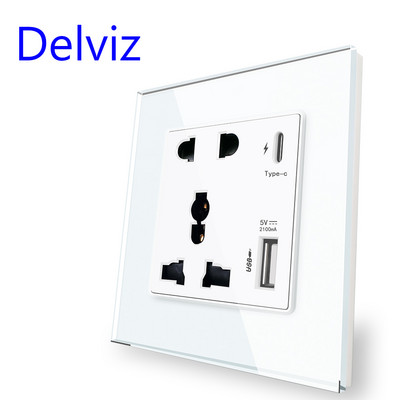 Delviz Type-C interfeisa ligzda, universāla starptautiskā, kristāla stikla panelis, sienas barošanas USB kontaktligzda, 18 W 4000 mA viedā ātrā uzlāde
