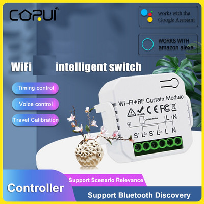 „CoRui Tuya Smart Life“ užuolaidų jungiklis „Wi-Fi RF 16A“ nuotolinio valdymo pultas, skirtas elektriniam ritiniui palaikyti „Google Home Alexa“
