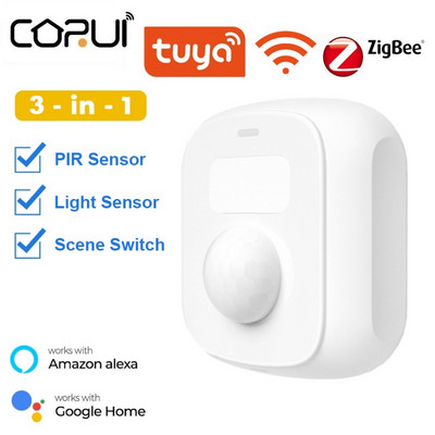 CORUI Mini cilvēka kustību ķermeņa PIR sensors ar gaismas sensora ainas slēdzi Tuya Wifi Zigbee Smart Life mājas drošība