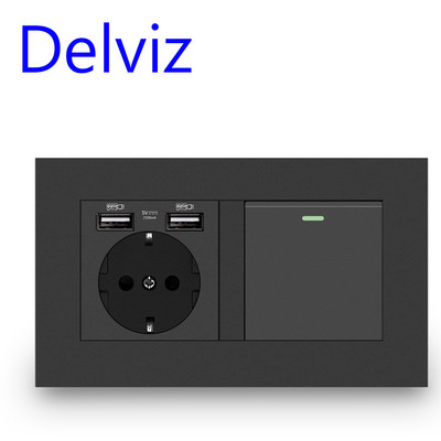 Štandardný vypínač svetiel Delviz EU, 16A zásuvka, panel 146mm * 86mm, 1-cestný 1-cestný / 2-cestný schodiskový chodbový vypínač, nástenná USB zásuvka